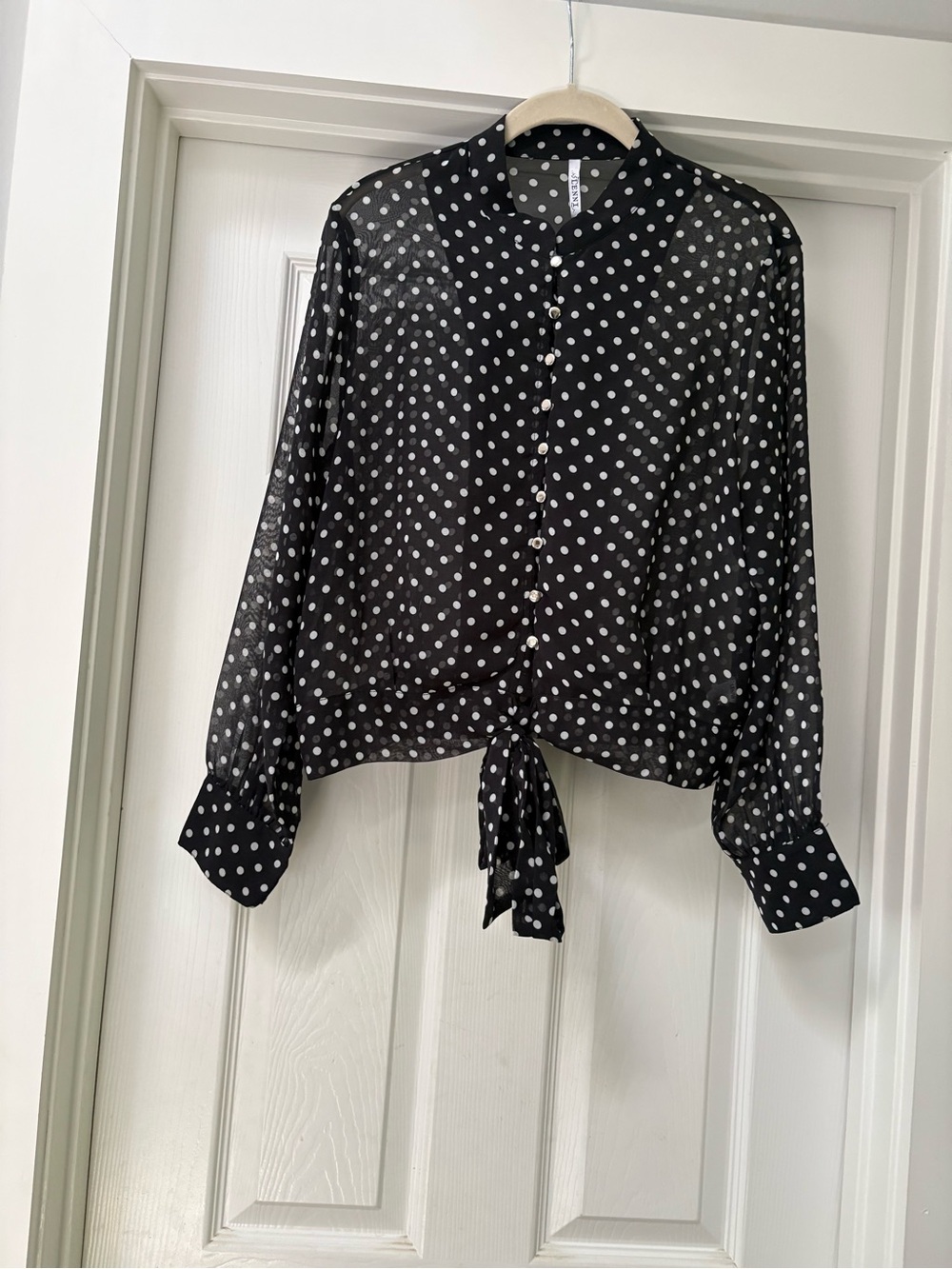 Black Polka Dot Tie-Front Blouse - Women's